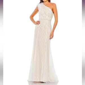 Mac Duggal 11317 Lace Embellished Feathered One Shoulder Gown NWT Ivory Sz 16